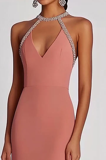 Fodral Rosa pärlstav Halter Lång Chiffong Formell Klänning